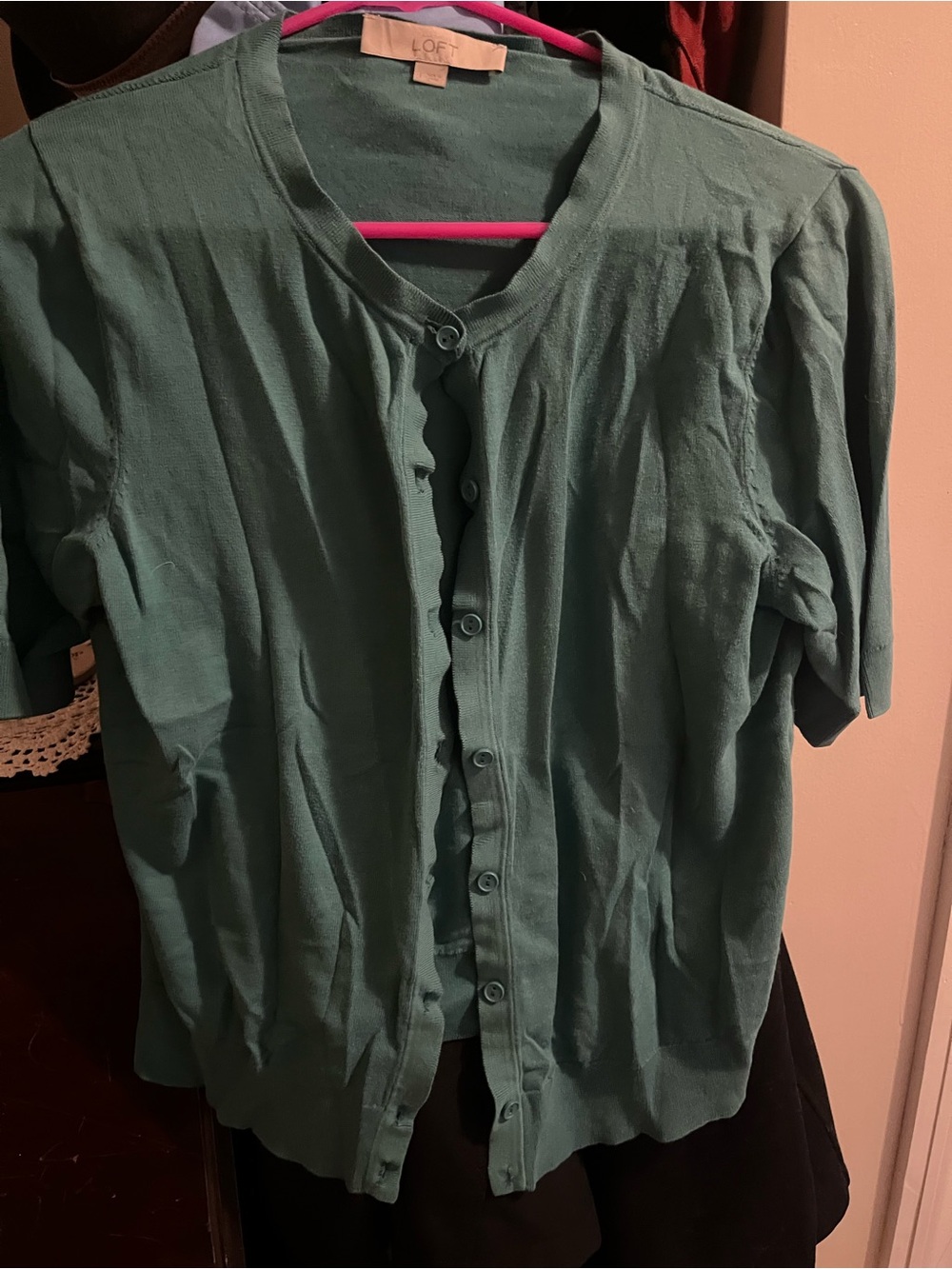 LOFT Green Button-Up Short Sleeve cardigan